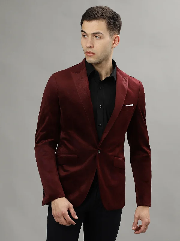 Lindbergh Men Burgundy Single-Breasted Peaked Lapel Long Sleeves Blazer