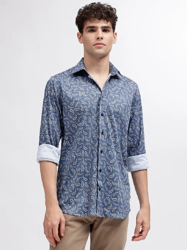 Matinique Blue Printed Regular Fit Placket Shirt