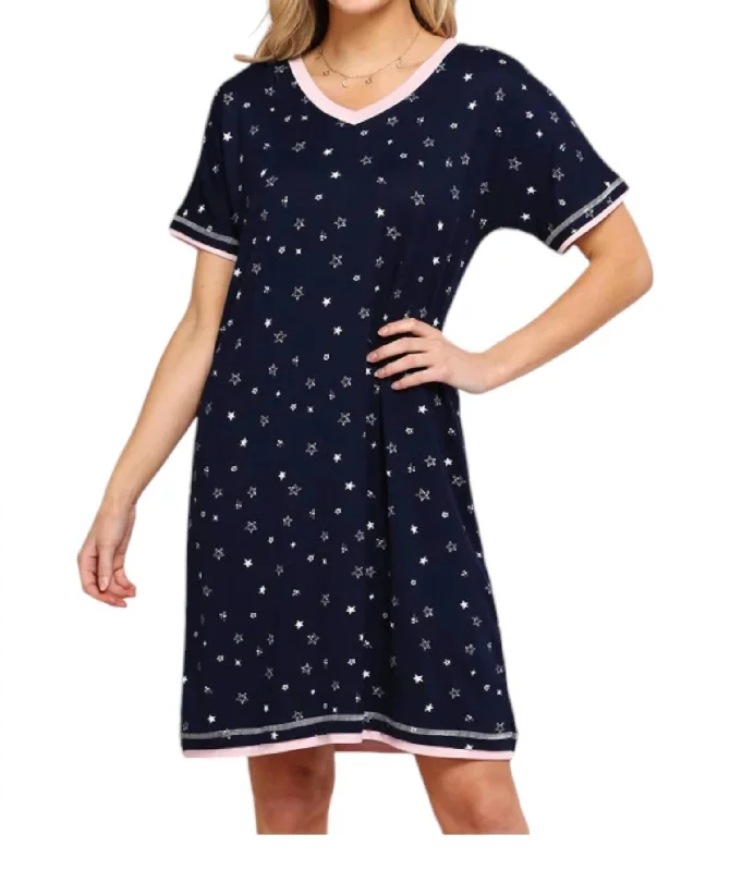 V-Neck Short Sleeve Sleepshirt In Navy